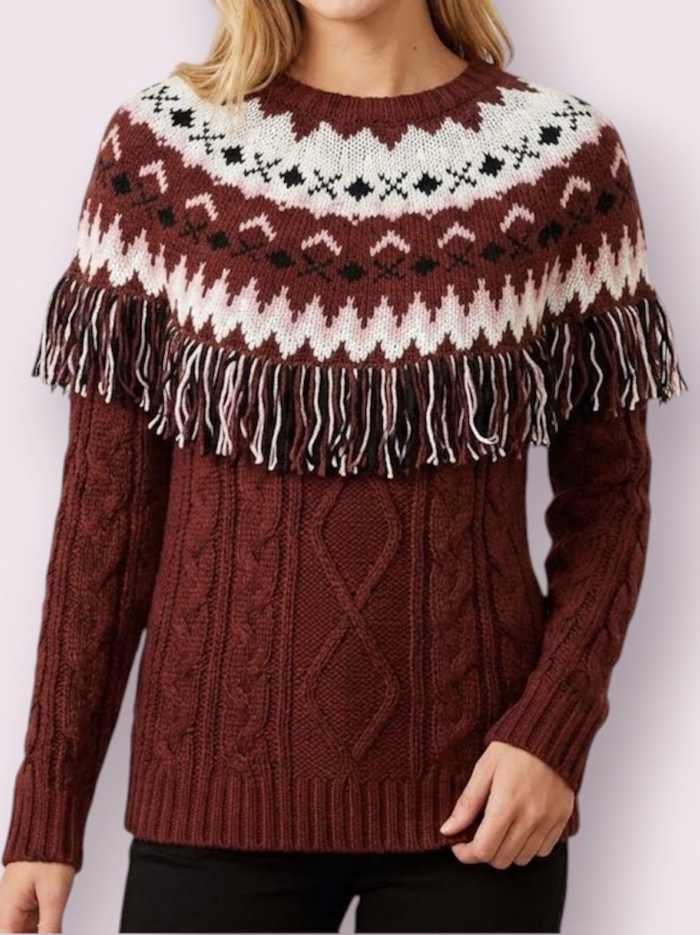 NWT Glamorous Fair Isle Tunic Sweater Fringes Cable Knit Burgundy Size Small